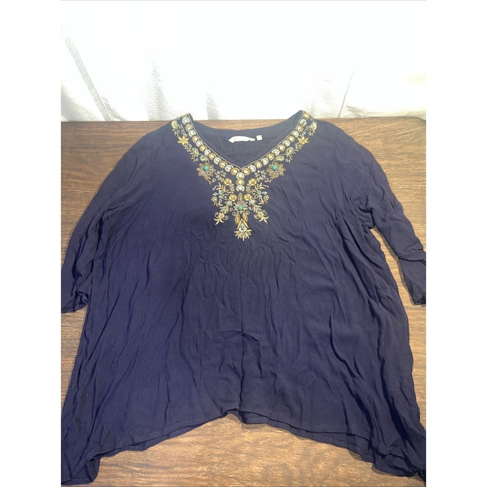 Soft Surroundings Womens 1X Beaded Embellished Tunic Blouse Navy Rayon